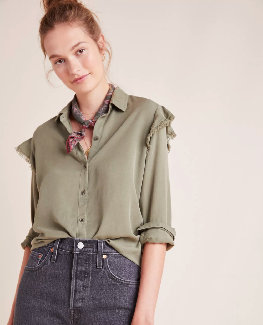Cloth & Stone Anthropologie Olive Ruffle Shoulder Button Down Shirt Size S